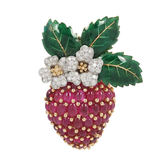 OSCAR HEYMAN Ruby Diamond and Green Enamel Strawberry Brooch