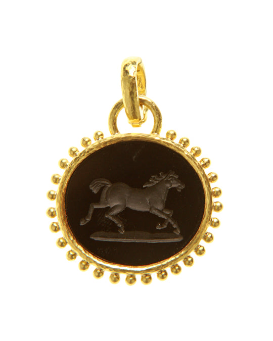 Onyx and Granulation Running Horse Intaglio Pendant