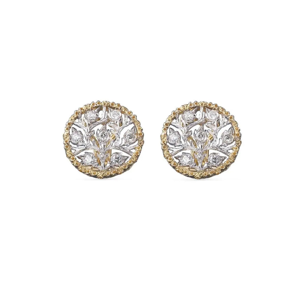 RAMAGE Two-tone Diamond Button Earrings in 18k white and yellow gold with diamonds and leaf-modeled borders by Buccellati, featuring twisting leaves and floral motifs.
